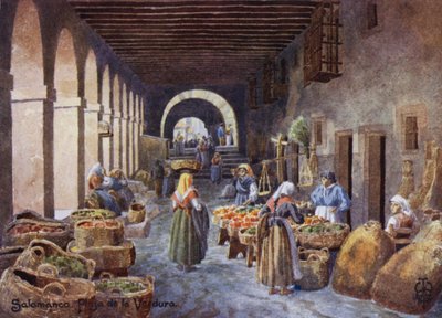 Norte de Espanha: Salamanca, Arcadas na Plaza de la Verdura (cor litho) de Edgar T. A. Wigram