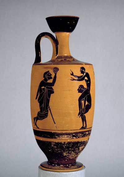 Lekythos áticos de figuras negras decorados com um homem velho jogando uma bola para um jovem, c.500 aC (cerâmica) de Edinburgh Painter