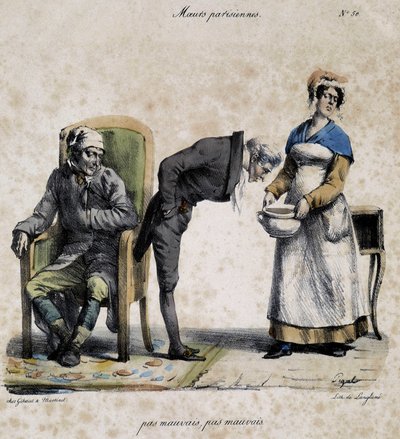 Doente, médico a olhar para a panela e criado. Desenho animado da moral parisiense de Pigal (século XIX), conservado no Musee Dobree em Nantes. de Edme Jean (after) Pigal
