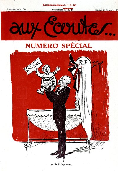 Primeira página do jornal francês Aux Ecoutes com um bebé que representa o orçamento de 1929 e que vai estar no berço (República Francesa) de Edmond (1861 1943) Tapissier