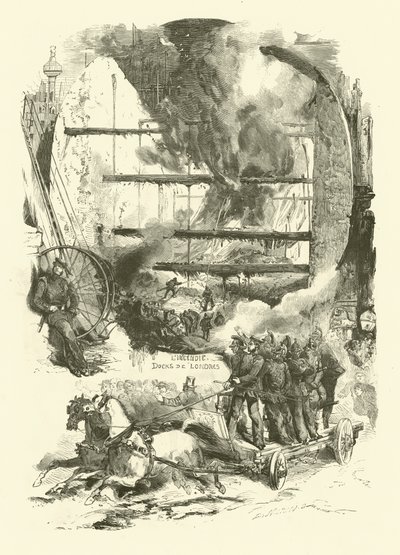 Incêndio nas docas de Londres (gravura) de Edmond (after) Morin