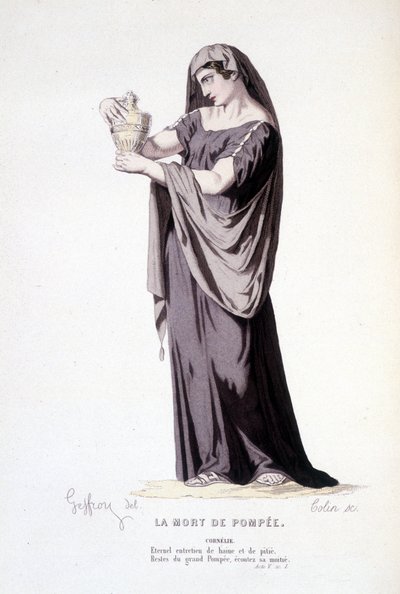 A personagem de Cornelie na peça de teatro La mort de Pompee - Teatro completo: (Compêndio de peças de Corneille) desenho de Geffroy, gravura de Colin - ed. Laplace, Sanchez et Cie, Paris 1884 de Edmond Aime Florentin Geffroy