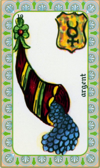 tarot do mago Belline desenhado por Edmond Billaudot c. 1845 e entregue ao clarividente Belline para reedição: carta do dinheiro: moedas num corno de abundância de Edmond Billaudot