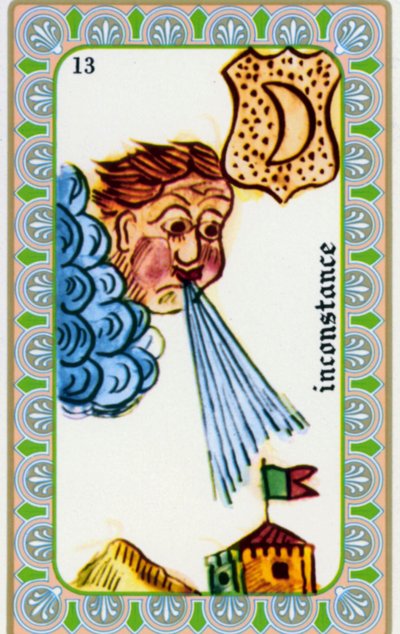 tarot do mago Belline desenhado por Edmond Billaudot c. 1845 e entregue ao clarividente Belline para reedição: carta da inconstância: o vento sopra de Edmond Billaudot