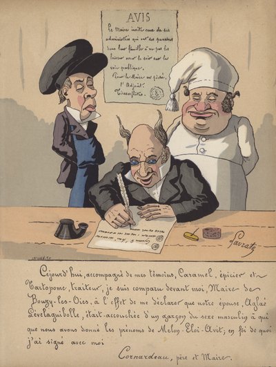 Um prefeito escrevendo um aviso (litho colorido) de Edmond Lavrate