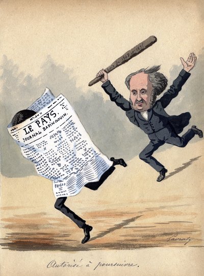 "Autoridade para processar", caricatura sobre a Lei de Imprensa de 1875 em França (litografia a cores) de Edmond Lavrate