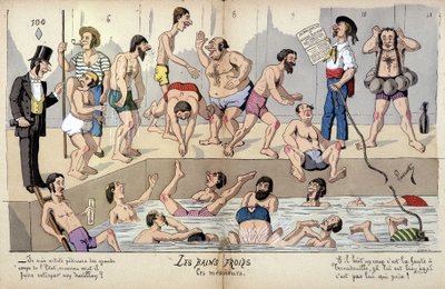 Desenho animado sobre a sociedade francesa por Lavrate: banhos públicos de Edmond Lavrate