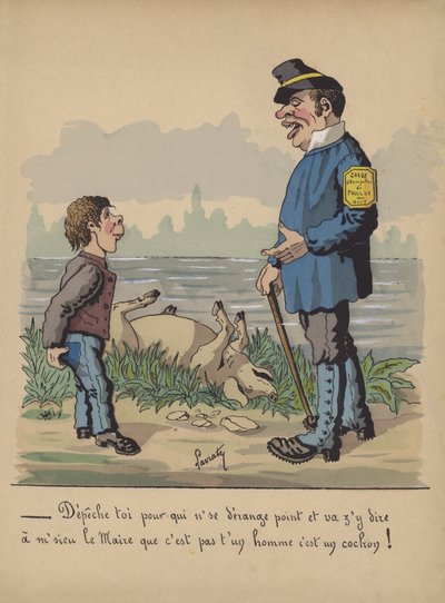 Gamekeeper e menino com um porco morto (cor litho) de Edmond Lavrate