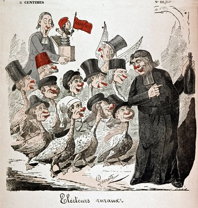 Eleitores rurais: eleitores representados como gansos e atraídos por um padre com álcool - desenho de Lavrate de Edmond Lavrate