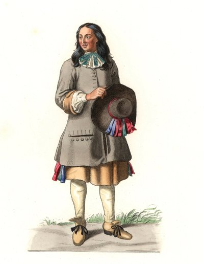 Camponês francês do século XVII, após uma gravura de 1679, de Jean Saint Jean - Litografia de uma ilustração de Edmond Lechevallier-Chevignard (1825-1902), de "Costumes historiques des 16e de Edmond Lechevallier Chevignard
