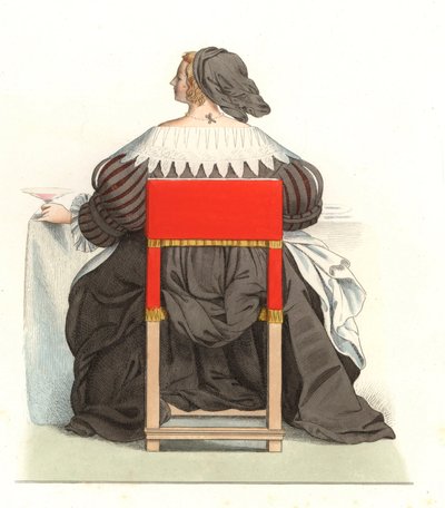 Mulher francesa do século XVII, de uma gravura de Abraham Bosse (1602-1676) - Litografia de uma ilustração de Edmond Lechevallier-Chevignard (1825-1902), de "Costumes historiques des 16th de Edmond Lechevallier Chevignard