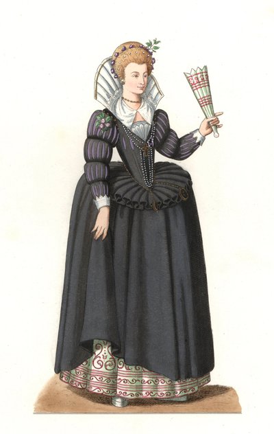 Mulher francesa sob o reinado do rei Henrique III (1551-1589) - Litografia baseada numa ilustração de Edmond Lechevallier-Chevignard (1825-1902), de "Costumes historiques des 16th de Edmond Lechevallier Chevignard