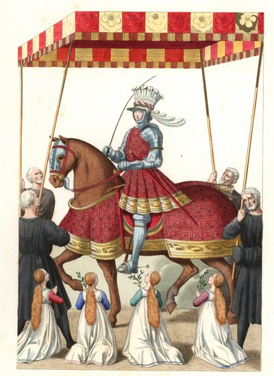 Rei Luís XII da França (1462-1515), depois de uma miniatura de Jean Marot (ou Desmarets, cerca de 1450-circa 1526) - Litografia de uma ilustração de Edmond Lechevallier-Chevignard (1825-1902), de "trajes históricos do século XVI de Edmond Lechevallier Chevignard