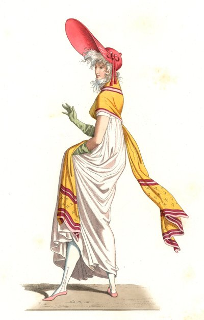 Jovem francesa vestida à moda do Maravilhoso do século XVIII, depois de uma pintura de Carle Vernet (1758-1836) - Litografia depois de uma ilustração de Edmond Lechevallier-Chevignard (1825-1902), de "Costumes historiques des 16th de Edmond Lechevallier Chevignard