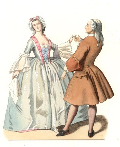 Mestre de dança e um jovem veneziano, leão de dança na Itália do século XVIII, baseado numa pintura de Pietro Longhi (1701-1785) - Litografia baseada numa ilustração de Edmond Lechevallier-Chevignard (1825-1902), extraída de "Trajes Históricos do século XV de Edmond Lechevallier Chevignard