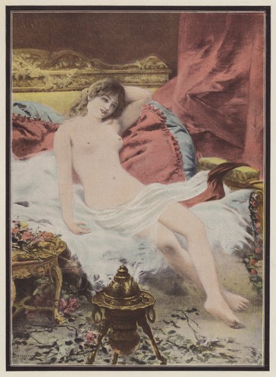 Delerium, mulher sentada num sofá (cor litho) de Edmond Louis Dupain