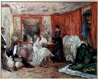 A comediante de teatro Hortense Schneider (1833-1920), senhora de Jacques Offenbach (1819-1890), representa à esquerda em seu camarim no Theatre des varietes. Aguarela de Edmond Morin (1824-1882) 1873 Compiegne, Museu do Castelo de Edmond Morin