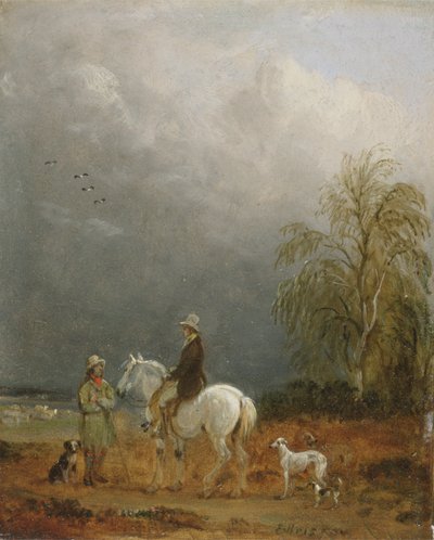 Um viajante e um pastor em uma paisagem (óleo a bordo) de Edmund Bristow