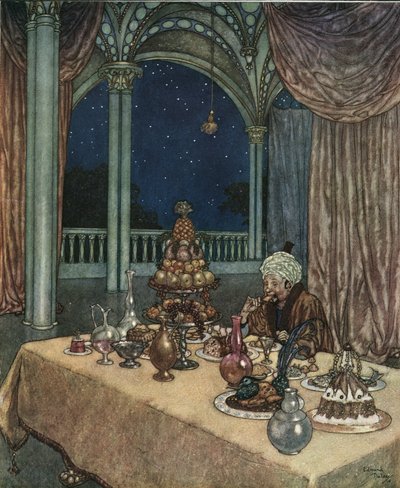 A Bela e o Monstro: O pai de Belle chega ao castelo e descobre uma mesa cheia de víveres, c.1910 (litografia) de Edmund Dulac