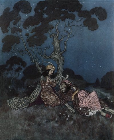 A Bela e o Monstro: a Bela assustada pelo Monstro que se encontra perto dela, c.1910 (litografia) de Edmund Dulac