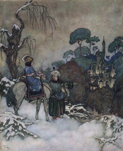 A Bela e o Monstro: a Bela, tendo aceite tomar o lugar do seu pai prisioneiro da Bete para o libertar, dirige-se para o castelo, c.1910 (litografia) de Edmund Dulac