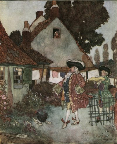 Cinderela (Cinderella): o ministro, procura em todas as casas e chalés do reino a rapariga que perdeu o seu sapatinho de vair c.1910 (litografia) de Edmund Dulac