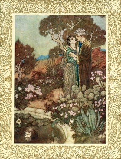 Será que, na tua pequena hora de Graça, O cipreste ondulante nos teus braços se enlaça, Antes que a Mãe de novo nos seus braços Se dobre, e te dissolva num último abraço, ilustração de "The Rubaiyat of Omar Khayyam", publicado em 1909 (litografia a cores) de Edmund Dulac