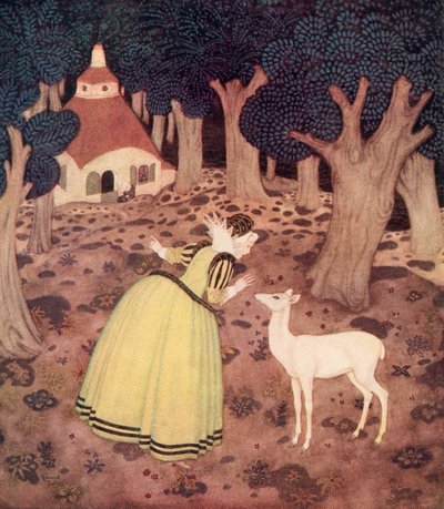 "Giroflee agradeceu à Fada e foi para o interior do bosque; e lá, com certeza, viu uma cabana e uma velha sentada lá fora", ilustração do conto de fadas francês A Corça do Bosque, do Fairy-Book de Edmund Dulac: Contos de fadas das nações aliadas, de Edmund Dulac