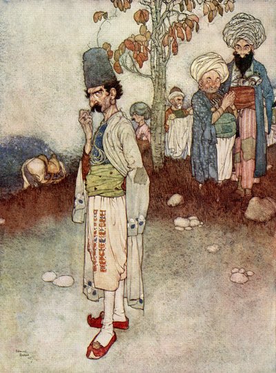 Assumiu um disfarce adequado ao seu objetivo, ilustração de "Ali Babá e os Quarenta Ladrões de Edmund Dulac
