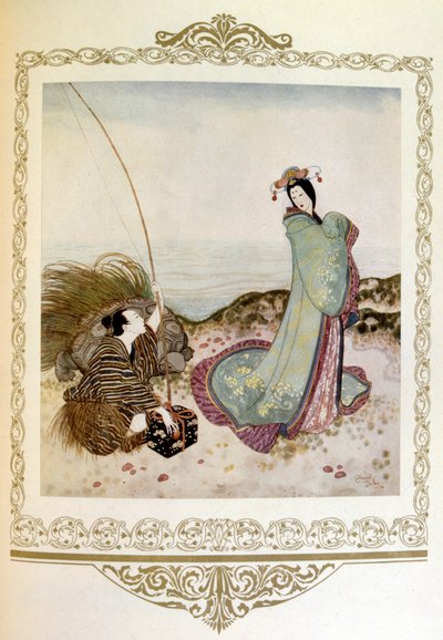Ilustração "Homem com uma tartaruga gigante fala com uma mulher. Japão" de Dulac. de Edmund Dulac