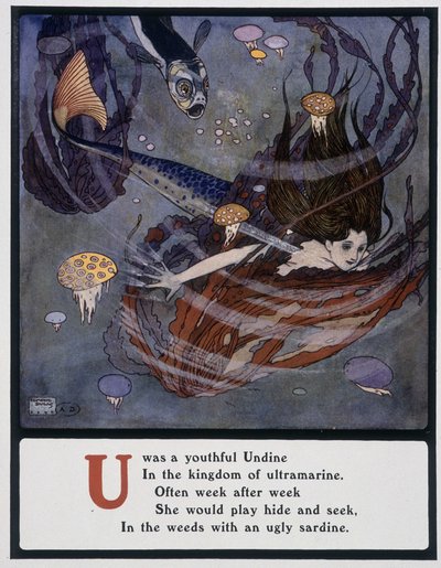 Letra U (Undine), sereia no fundo do mar, c.1908 (desenho) de Edmund Dulac