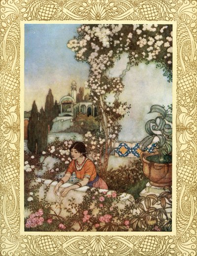 Olha para a Rosa que sopra à nossa volta - "Lo, Laughing," diz ela, "into the world I blow: De uma vez a borla de seda da minha bolsa rasga, e o seu tesouro no arremesso do jardim, ilustração de "O Rubaiyat de Omar Khayyam", publicado em 1909 (litografia a de Edmund Dulac