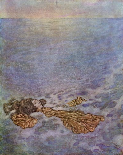 Olhou mais uma vez para o príncipe, com os olhos já ofuscados pela morte, depois lançou-se ao mar e caiu, com o corpo a dissolver-se em espuma, iIlustração de "A Sereia de Edmund Dulac