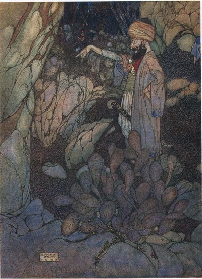 Abre-te Sésamo, ilustração de "Ali Babá e os Quarenta Ladrões" (litografia a cores) de Edmund Dulac