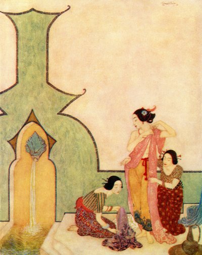 A Senhora de Bedr-el-budur vem para o banho, ilustração de "Aladino e a Lâmpada Maravilhosa de Edmund Dulac