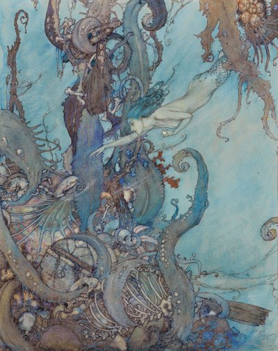 A Pequena Sereia: "Ao verem o líquido brilhante, recuaram aterrorizados" de Edmund Dulac