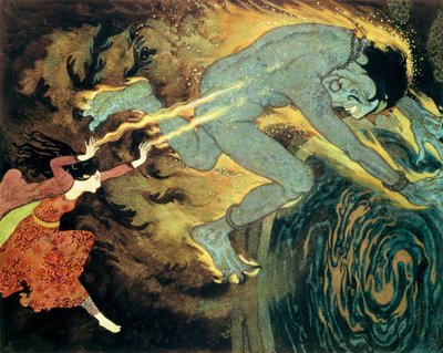 A Princesa Queima o Elfrite até à Morte, da História dos Três Calendários em "Sinbad the Sailor and Other Stories" (litografia a cores) de Edmund Dulac