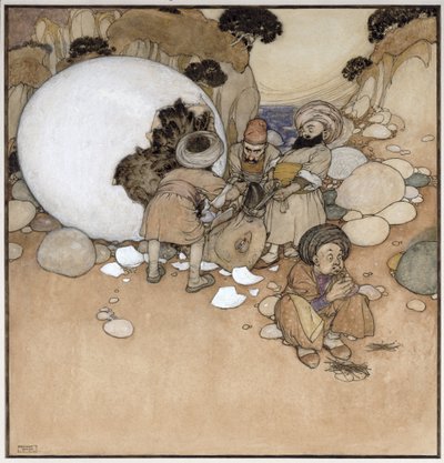 O Ovo da Rocha, cena de "Sinbad, o Marinheiro" das "Noites da Arábia de Edmund Dulac