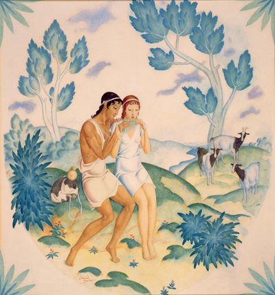 O jovem casal, Daphnis e Chloe (aguarela sobre papel) de Edmund Dulac