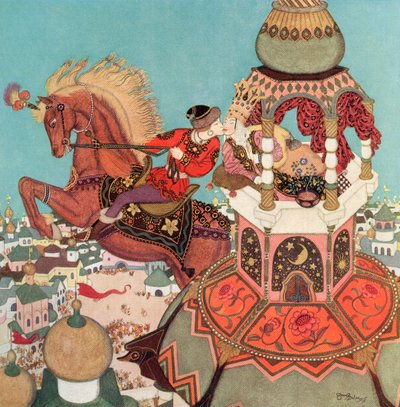 "O cavalo castanho parecia permanecer no ar no topo do seu salto enquanto o beijo durava", ilustração do conto de fadas russo Ivan e o Cavalo Castanho, do Fairy-Book de Edmund Dulac: Contos de Fadas das Nações Aliadas, pub.1916 de Edmund Dulac