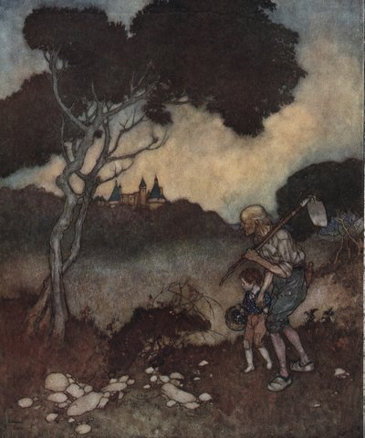 A bela adormecida: as torres do castelo da princesa aparecem por cima das árvores. de Edmund Dulac