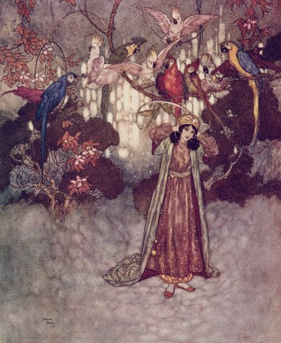 Estes, mal viram a Bela, começaram a gritar e a tagarelar" de "A Bela e o Monstro de Edmund Dulac