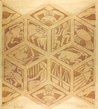 Sinais do Zodíaco - Art Deco, Abril de 1934 (guache sobre papel) de Edmund Hunter