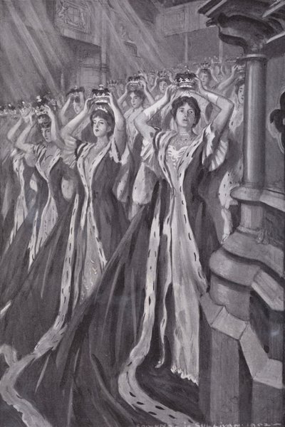 As colegas colocam os seus coroamentos na coroação da Rainha Alexandra, Consorte do Rei Eduardo VII, Abadia de Westminster, Londres de Edmund Joseph (after) Sullivan