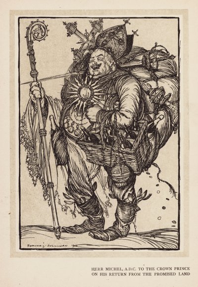 A grinalda do Kaiser: Herr Michel, ADC do Príncipe Herdeiro no seu regresso da Terra Prometida (litografia) de Edmund Joseph (after) Sullivan