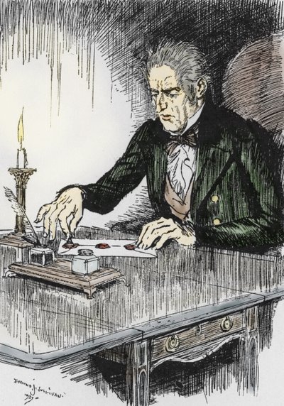 O Dr. jekyll encerra a carta onde confessa ser o Sr. Hyde o assassino, Ilustração de Edmund Joseph Sullivan (1869-1933) para o romance L