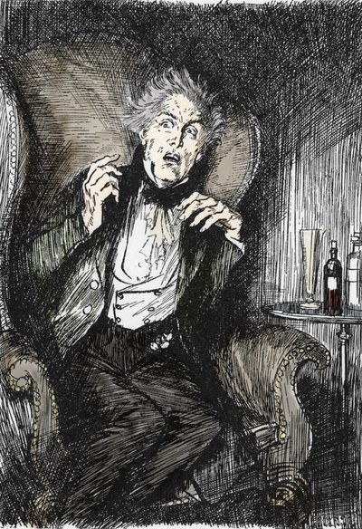 Dr. jekyll aterrorizado durante a sua conversa com Utterson e Enfield, Ilustração de Edmund Joseph Sullivan (1869-1933) para o romance L