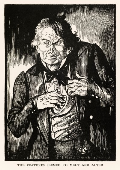 As características pareciam derreter e alterar" do "Strange Case of Dr. Jekyll and Mr Hyde" de Robert Louis Stevenson (1850-1894) ilustrado por E. J. Sullivan (1869-1933) de Edmund Joseph Sullivan