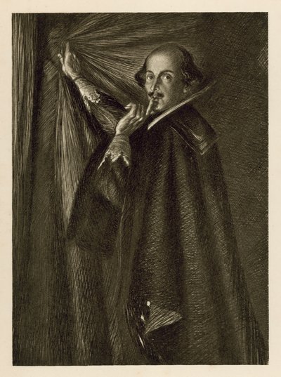 William Shakespeare segurando a cortina, e nos dizendo para ficarmos quietos (litho) de Edmund Joseph Sullivan
