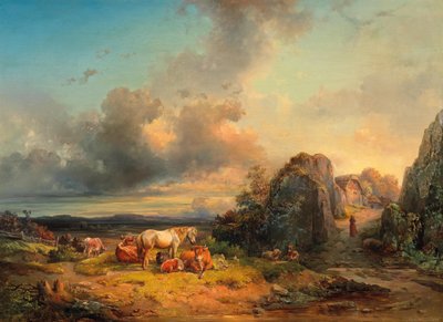 Rebanho de animais e de pessoal figurativo em frente a uma ampla paisagem de Edmund Mahlknecht